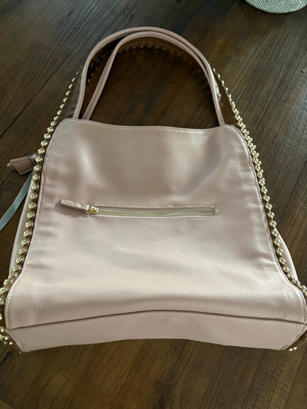 Women’s Leather Shoulder Bag in Blush Pink with Gold Bead Trim - Picture 3 of 7